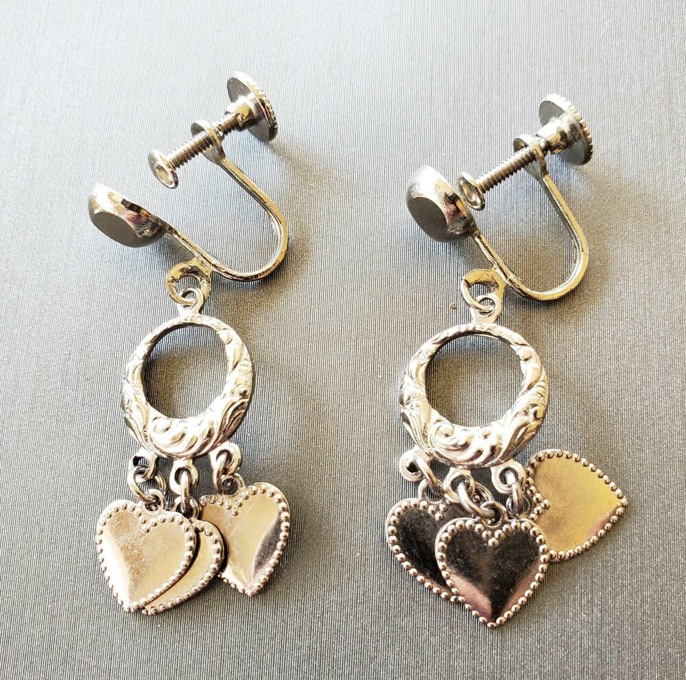 Vintage Long Dangle Earrings 1 1/8" Silver-tone Heart Charms Screw back sb-39